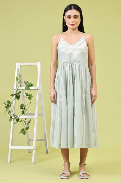 White and Green Geometric Printed Flared Spaghetti Dress and Gilet Set